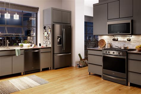 dark kitchen cabinets with stainless steel appliances|cabinet colors with black appliances.